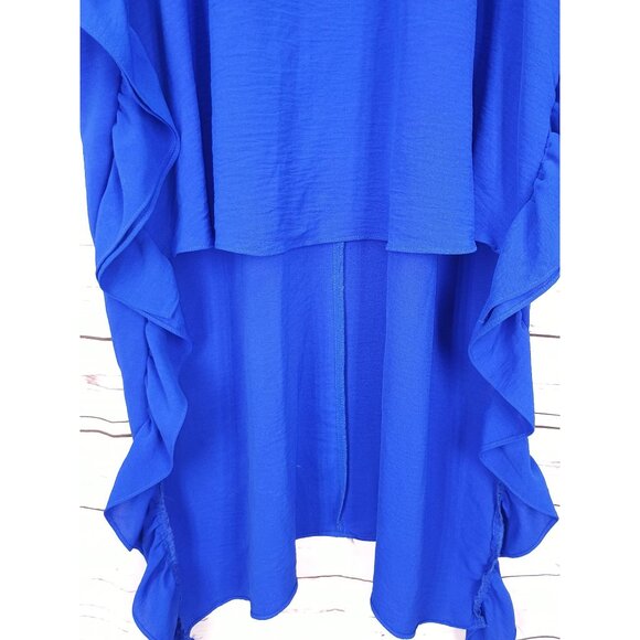 Boutique Flowing Blue Ruffled Kaftan Dress With V-Neck & Tie Back High Low - Picture 7 of 11